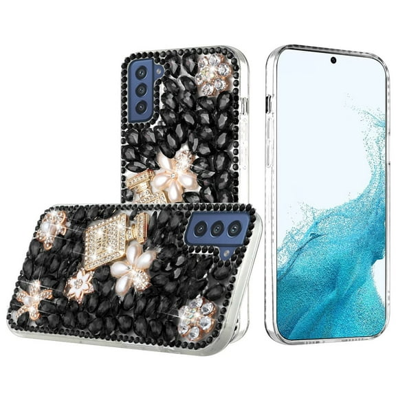 For Samsung Galaxy S22 Plus Full Diamond with Ornaments Hard TPU Case Cover - Pearl Flowers with Perfume Black