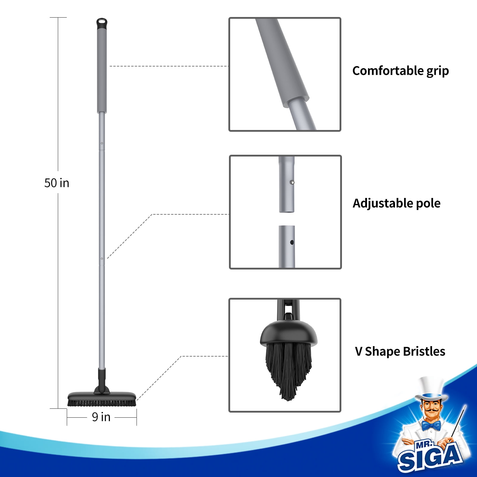 MR.SIGA Heavy Duty Grout Scrub Brush with Long Handle, Shower Floor Scrubber for Cleaning,Black