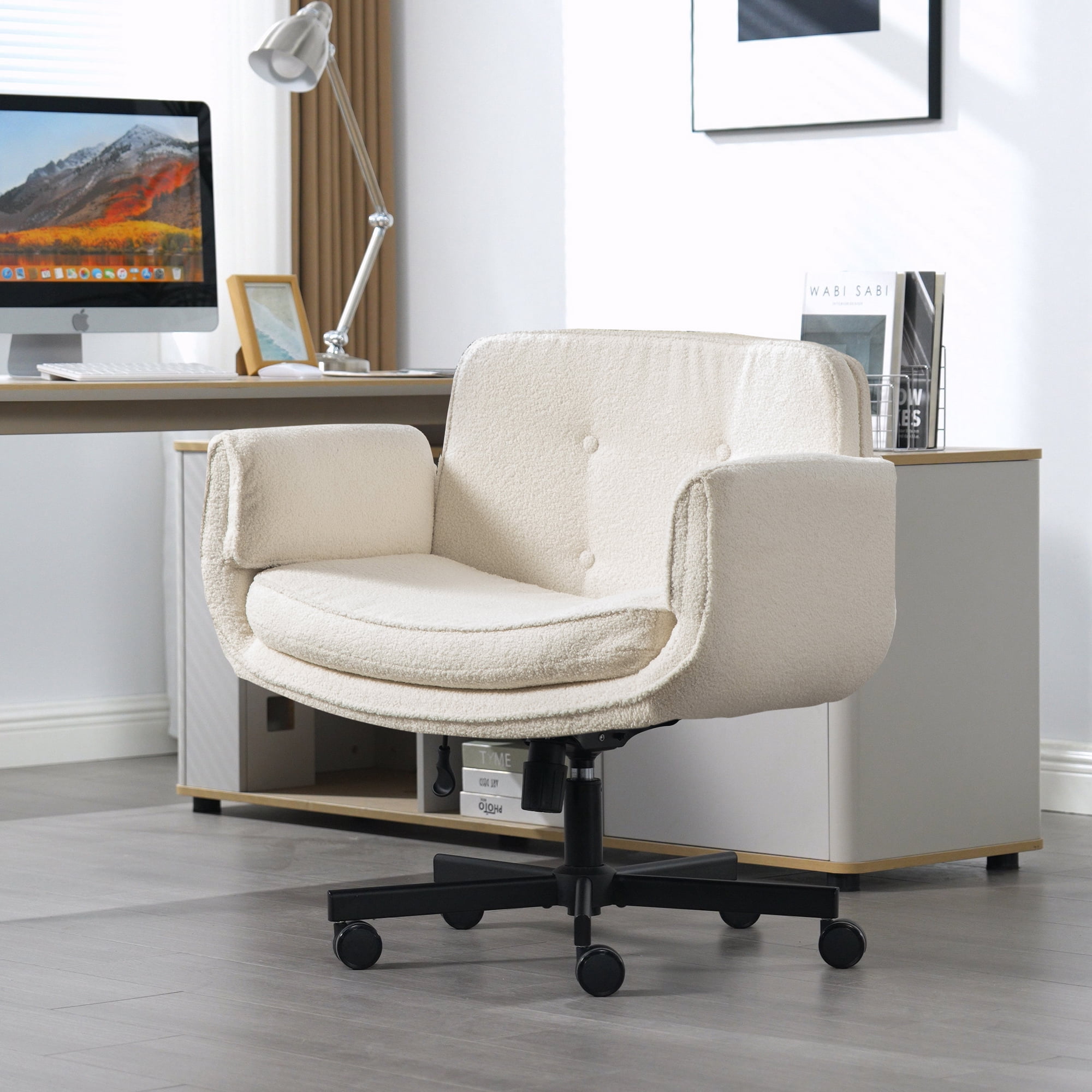 Office Chair, Desk Chair, Task Chair&nbsp;with Adjustable Armrests, Sherpa Fabric Criss Cross Chair with Wide Seat and Headrest for Home Office, Gaming, Makeup, Ivory