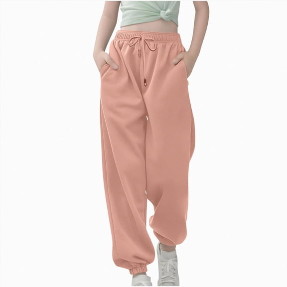 NLOMOCT Girls Sweat Pants Girls' Sweatpants Wide Leg Baggy Drawstring Pants Teen High Waist Joggers with Pockets School Beige,7-8 Years