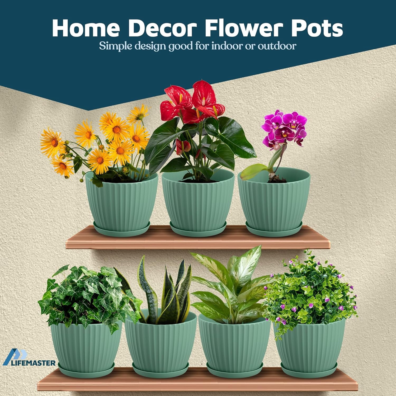 Mint 6-Inch Plant Pots with Drainage & Saucers 18 Pack, Indoor & Outdoor Planters for Houseplants, Herbs, and Flowers, Durable & Weatherproof Material, Stackable, Lightweight, Minimalist Design