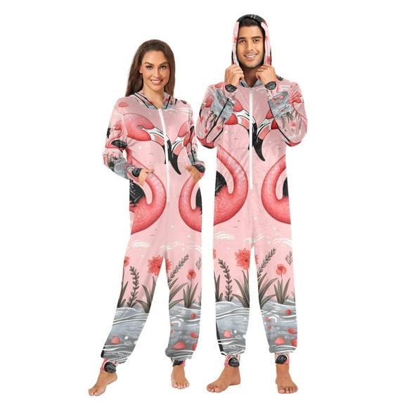 Pink Black Flamingos Adult Onesie Pajamas Slim Fit Christmas One Piece Suit Pjs for Women and Men Hooded Zipper