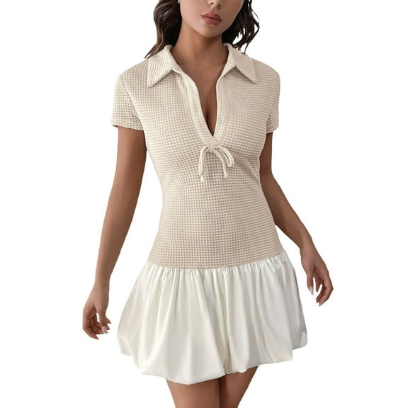 THDHVS Women's Casual Dresses,Summer Dresses for Women 2025,Fashion Womens V-Neck Tennis Dress Pleated Sleeveless Built in Shorts Golf Athletic Dress with Pockets Beige XS