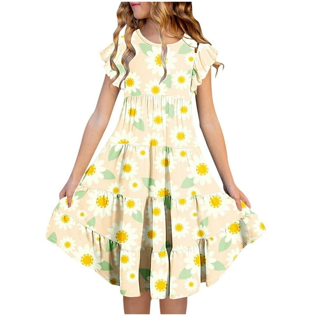 Zpanxa Robes d'Été pour Filles Manches Courtes Manches Volantées Col Rond Imprimé Floral Taille Poche Robe à Étages Polyester Spandex Jaune 8 Ans