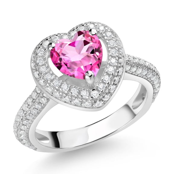 Gem Stone King 925 Sterling Silver Pink Mystic Topaz and White Moissanite Heart Shape Ring for Women (1.57 Cttw, Size 9)