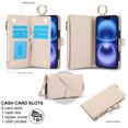 thumbnail image 4 of for iPhone 16 Wallet Case with Card Holder - PU Leather Case Detachable Crossbody Strap & Wristband & Secure Ring, Shockproof Protective RFID Blocking Zipper Purse Phone Cover, White, 4 of 7