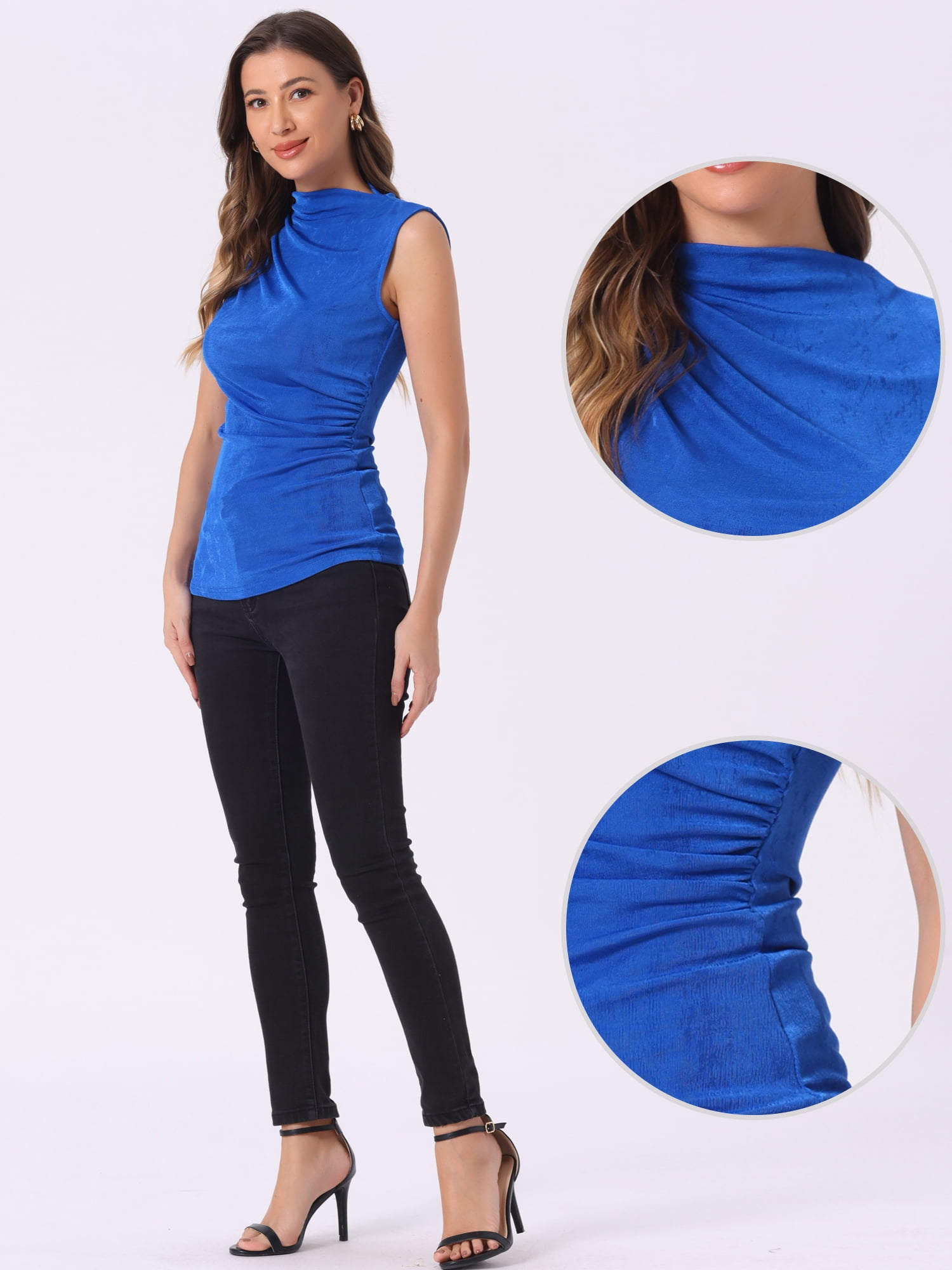 DARING DIVA Women's Turtle Mock Neck Sleeveless Work Shirts L Blue