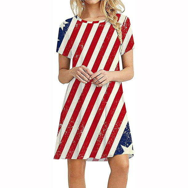 Drindf Party Dress for Women 4th of July US Flag Print T-Shirt Dress ...