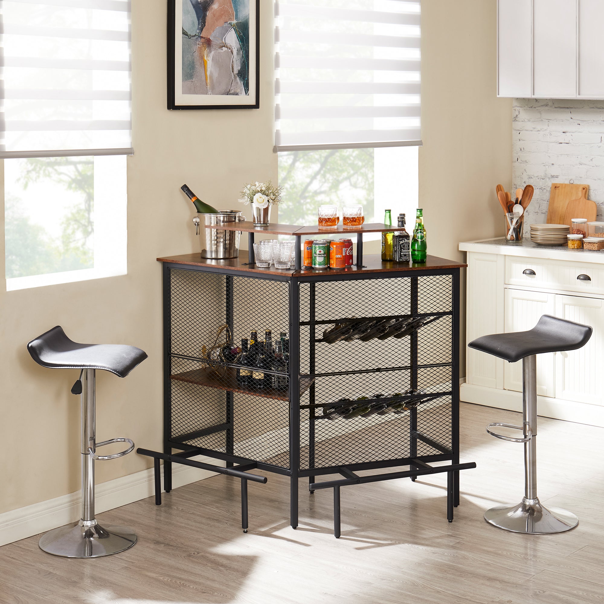 VECELO Home Bar Unit for Liquor, 3 Tier LShaped Bar with