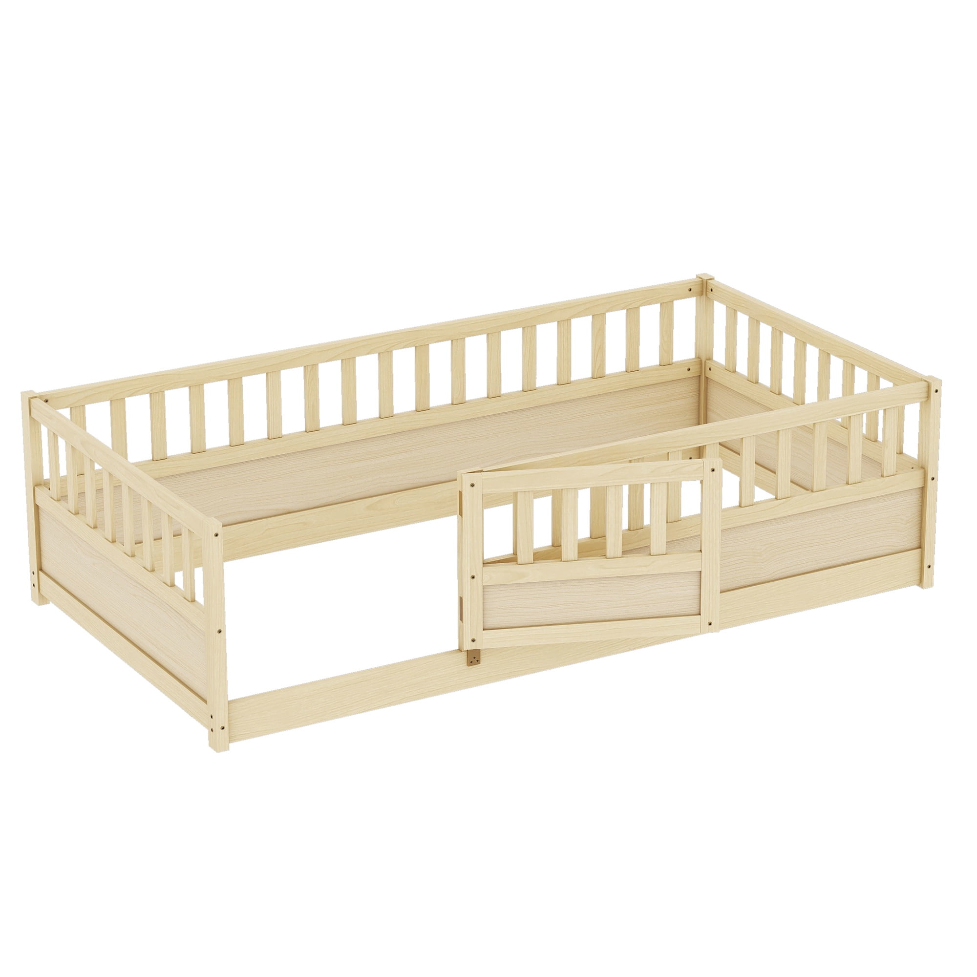 PORKISS Twin Montessori Floor Bed Frame, Low Kids Bed with High Rails, Wooden Toddler Bed with Built-in Door, No Box Spring Needed, No Slats, Safe Sleeping Space for Children, Natural