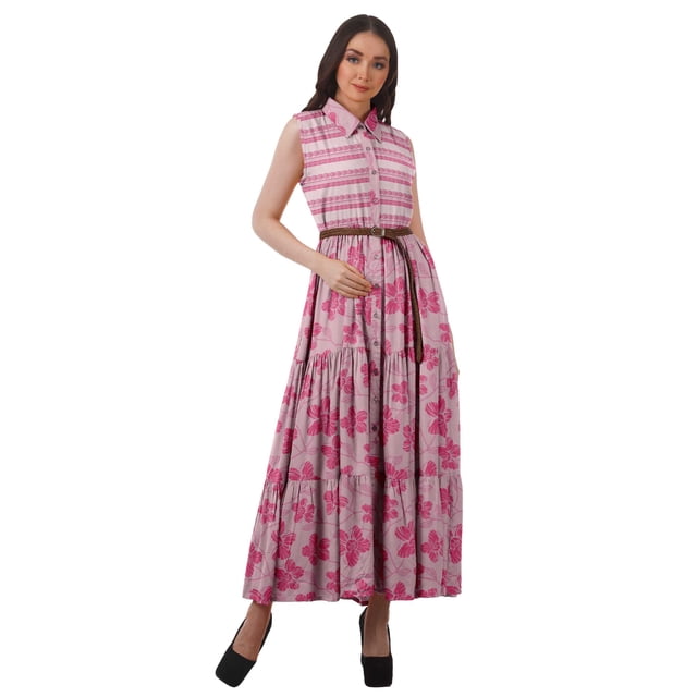 Moomaya Robe Chemise Longue Femmes Imprimée Sans Manches Robe d'Été Chemise à Boutons