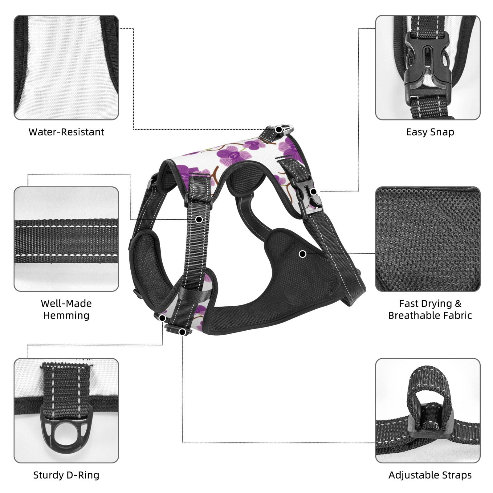 Kdxio Orchids Flowers Print No Pull Dog Harness Adjustable Reflective Oxford Easy Control Medium Large Dog Harness for Training and Everyday-Small