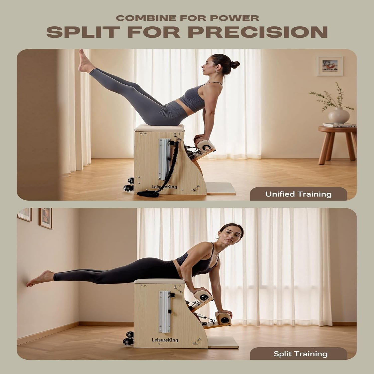 LeisureKing Pilates Chair,Combo Chair with Handles for Home Workouts, Split Pedals Yoga Fitness Trainer, Easy Assembly Pilates Reformer Machine for Studio, Gym, Pilates Workout, Beige