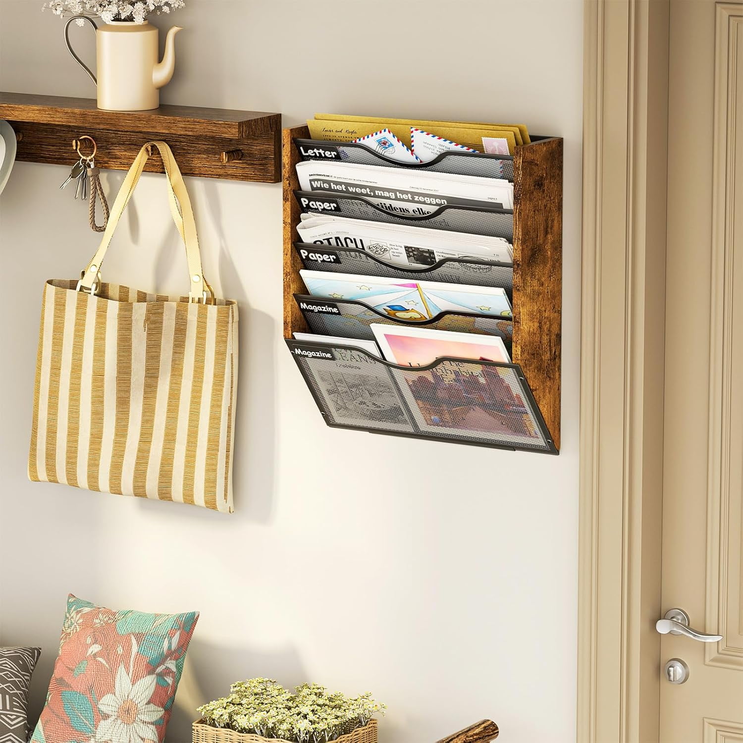 X-COSRACK 5-Tier Ironwood Hanging Wall File Organizer, Mesh Mail Holder with Nametag Labels, Space-Saving Wall Mount Magazine Rack for Office & Home, Black