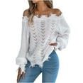 thumbnail image 1 of MIASHUI Women's Fall Winter Solid Color Hollow Out Long Sleeve Distressed Detail Off-Shoulder Pullover Sweater White,L, 1 of 8