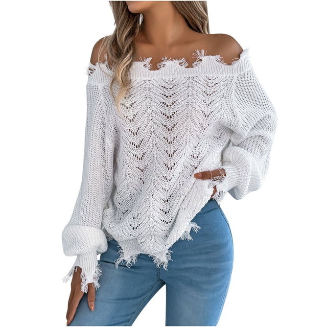 MIASHUI Women's Fall Winter Solid Color Hollow Out Long Sleeve Distressed Detail Off-Shoulder Pullover Sweater White,L