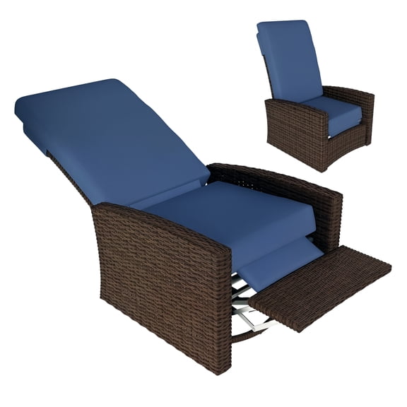 Outdoor Wicker Swivel Recliner Chair, 360° Rotating Patio Furniture with Footrest, Water-resistant Cushions, Dark Blue for Patio, Poolside, Backyard