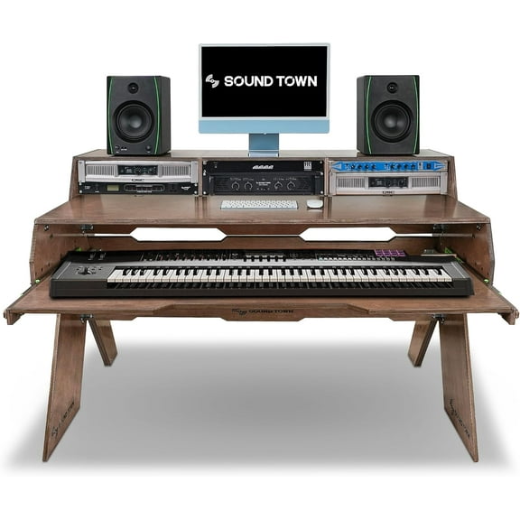 Sound Town Studio Workstation Desk with 3 x 3U Rack Bays, Adjustable Top Shelf, Slide-Out Controller Keyboard Tray, Plywood, Weathered Brown (SDRK-PF60)