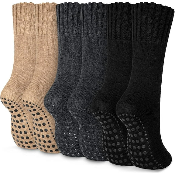 Jtbuh XLY Men's Non-Slip Yoga Sock 3 Pairs Thermal Merino Wool Pilates Grip Socks for Men Thick Warm Winter Slipper Socks