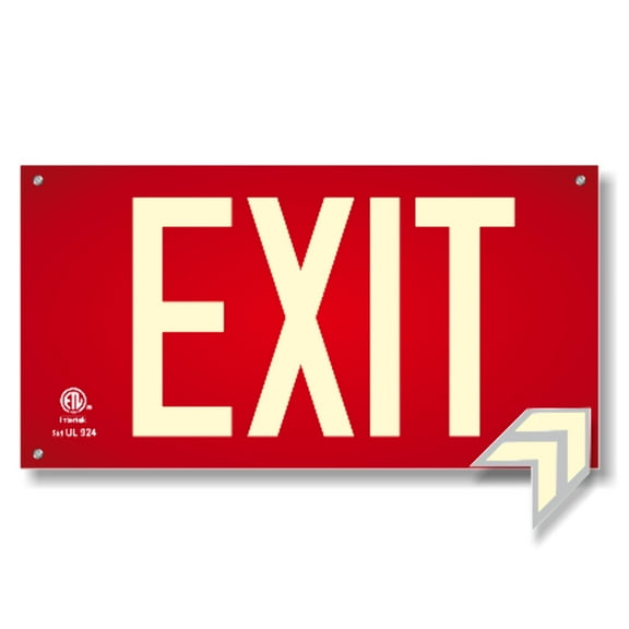 Photoluminescent Exit Sign Red W/Holes and Hardware - Aluminum Code Approved UL 924 / IBC / NFPA 101 | Item ULR-050-HH