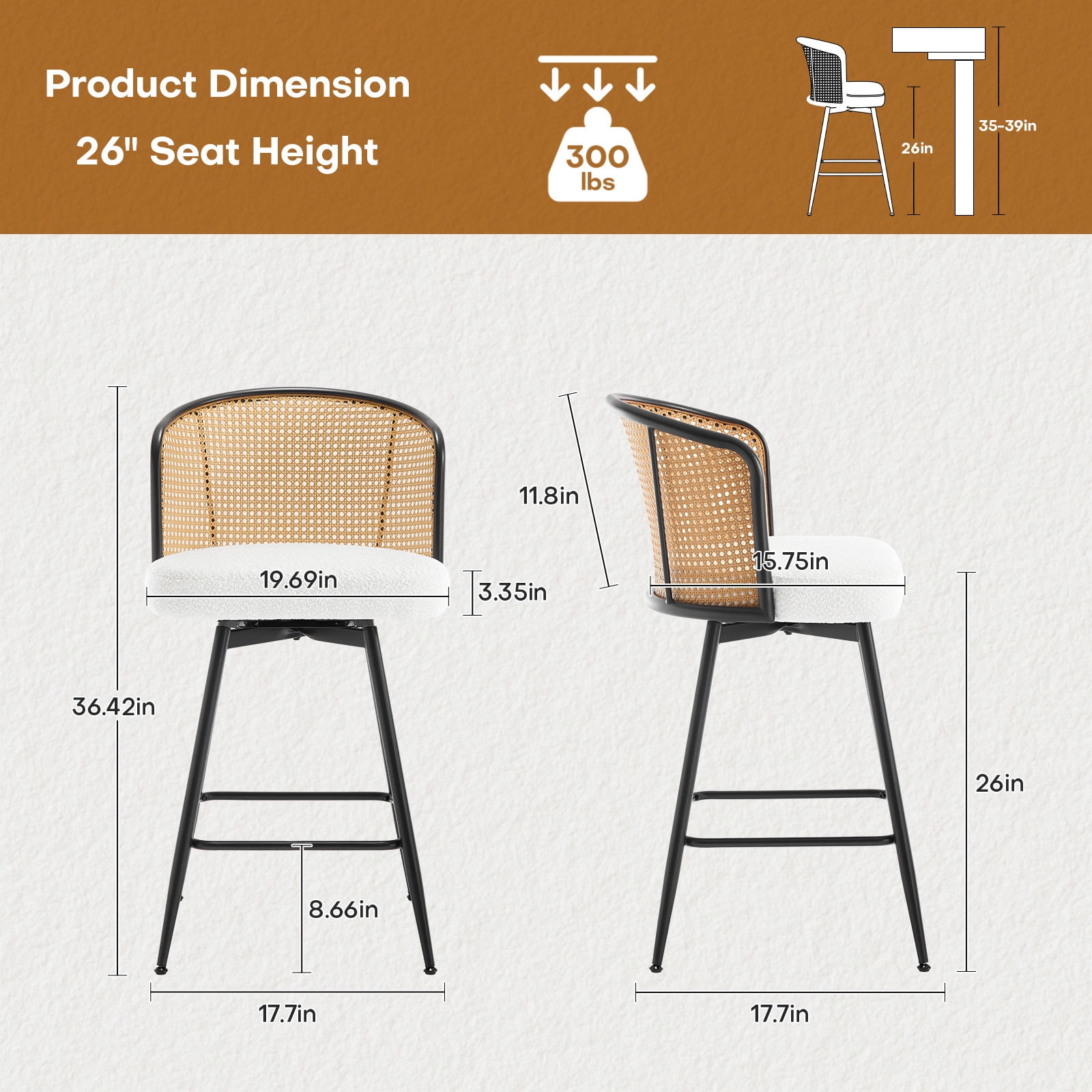 Foreate Cane Swivel Barstools Set of 3, 26" Seat Counter Height w/ Rattan Mid-Back Metal Legs, Upholstered Boucle Fabric Modern Armless Bar Stools Chairs for Kitchen Island Pub