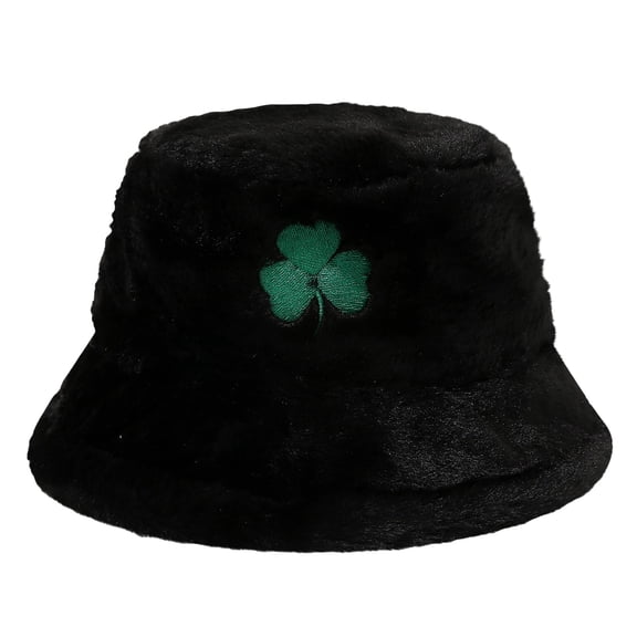 DJN New St. Patrick's Day Clover Print Plush Fisherman Hat Shamrock Fleece Beanie Fashion Soft Winter Hat Black One Size