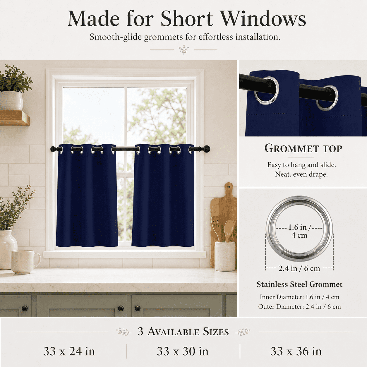 Lapalife 2 Panel Blackout Kitchen Curtains, Grommet Short Window Curtains for Kitchen Bathroom Cafe, Navy Blue, 33"x 36"