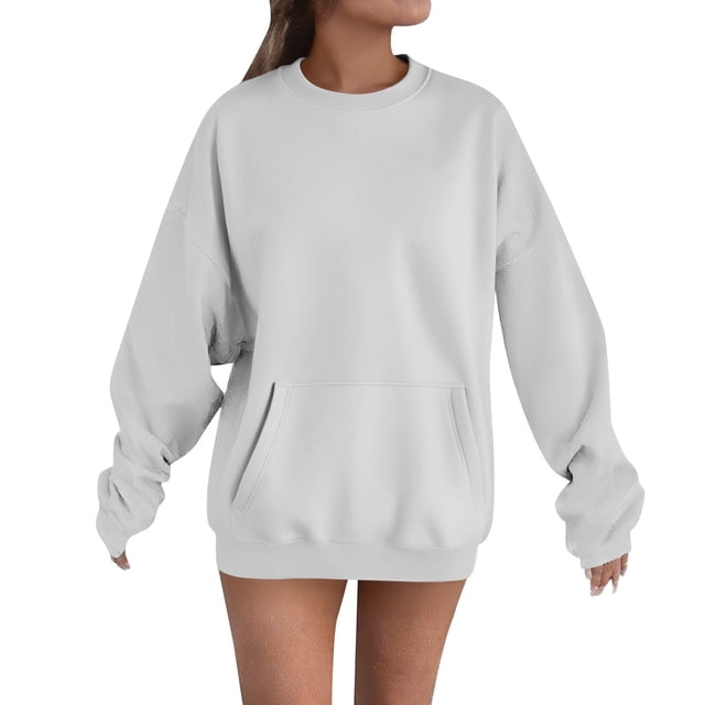 Breezora Chandail à Capuchon à Poche Surdimensionné pour Femmes, Col Rond, Chandail Décontracté Confortable, Taille P, Gris
