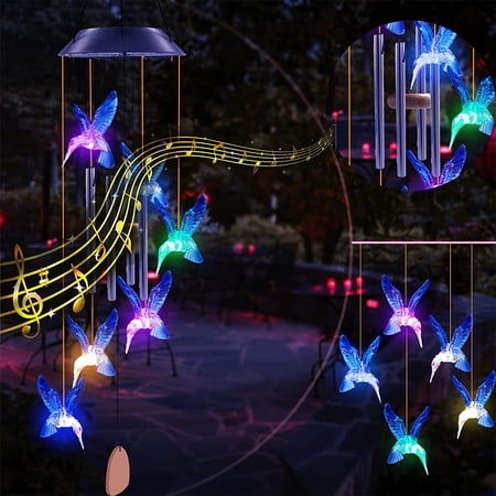 Fangsheng Solar Hummingbird Wind Chimes for Outside  24  Hanging Light up Wind Chime for Home Garden
