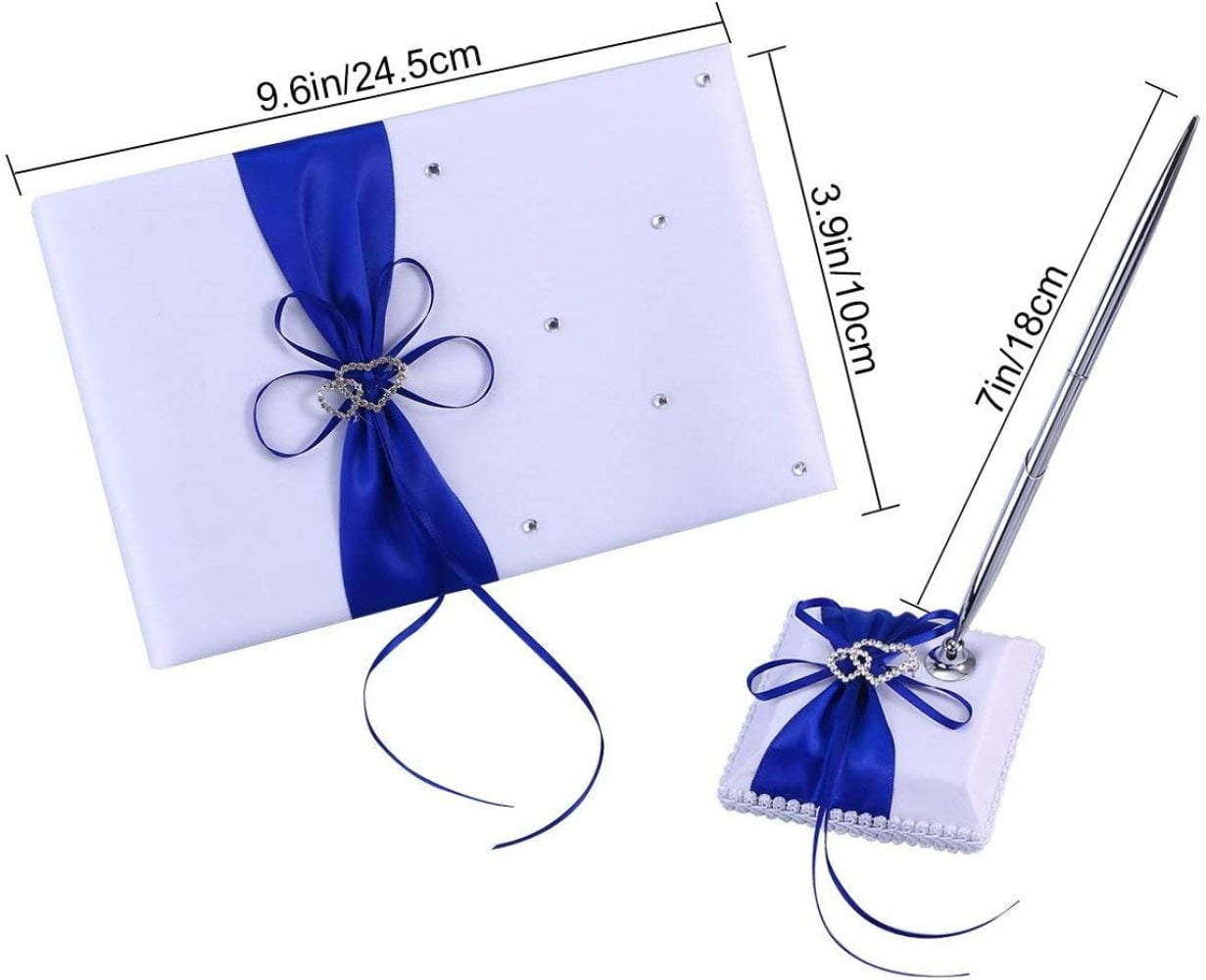 White Satin Wedding Guest Book and Pen Set with Royal Blue Ribbon Bowknot 