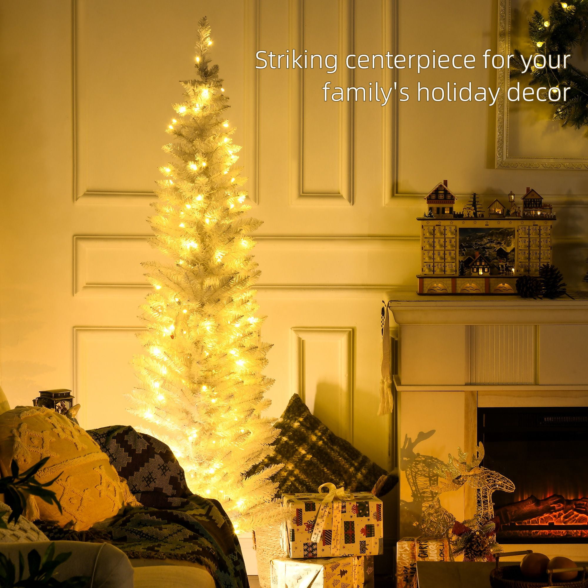 Pencil Christmas Tree, 6 ft Slim Artificial Tree with Warm White LED Lights, 390 Tips, Flame Retardant, Indoor Holiday Decor