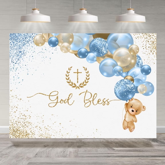 7x5FT God Bless Backdrop Bear Blue Balloon First Holy Communion Baptism Photography Background for Boys Baby Shower Birthday Party Decorations Cake Table Banner Photo Booth Props