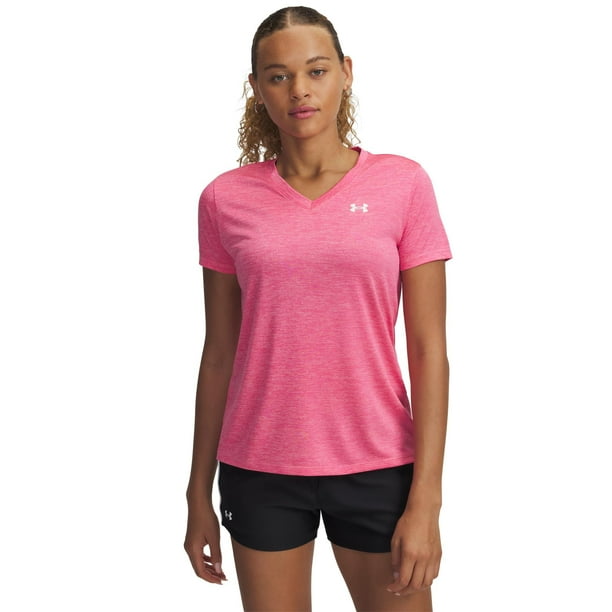Camisa Under Armour Tech Twist con cuello en V para mujer, superrosa y blanca
