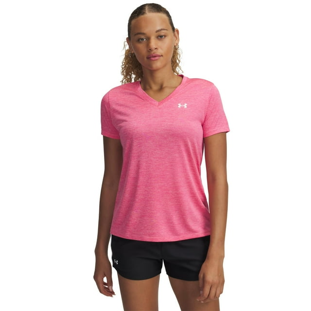 Camisa Under Armour Tech Twist con cuello en V para mujer, superrosa y blanca