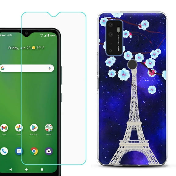 Shockproof Bumper Phone Case for AT&T Radiant Max 5G / Fusion 5G, with Tempered Glass Screen Protector, by OneToughShield ® - Eiffel Tower Stars