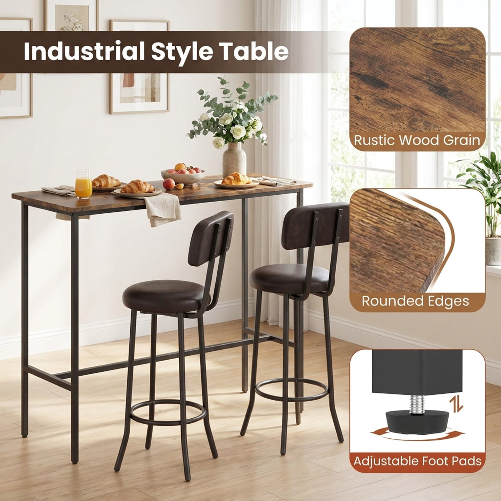 Furnibear 3-Piece Industrial Bar Table Set with 2 Upholstered Stools and Footrests for Dining Room for Kitchen Dining Room Breakfast, Rustic Brown