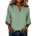thumbnail image 4 of T Shirts For Women Green Womens Tops Fashion Linen For Casual Solid Color V Neck 3/4 Sleeve Loose Blouses Summer Tops, 4 of 5