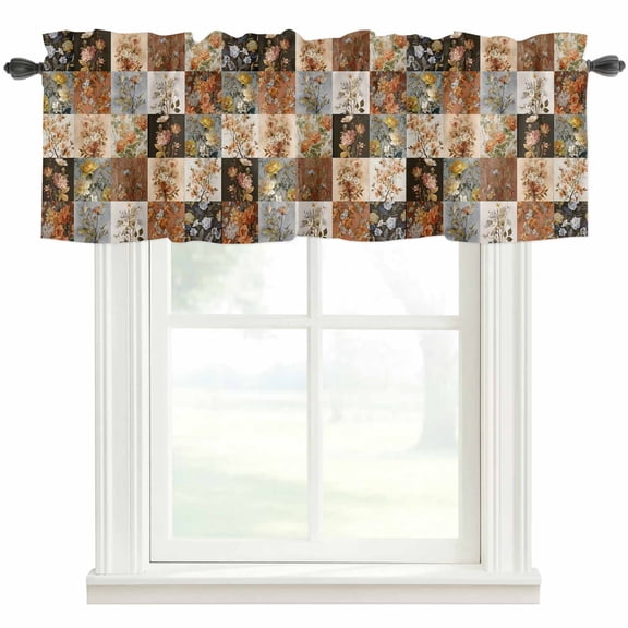 Floral Patchwork Farmhouse Short Window Curtain Valances, Vintage Country Geometric Flower Rod Pocket Kitchen Valances for Living Room Bedroom Bathroom Cafe 42" x 18"