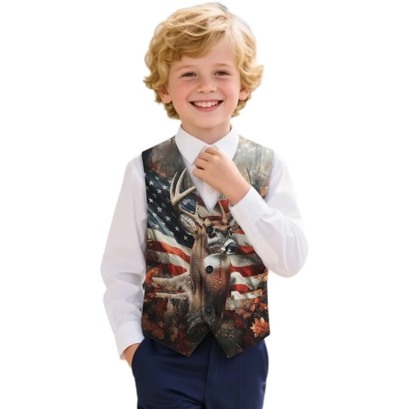 Garronmavis Deer Boys Vest 5-6 Lightweight Flag Formal Waistcoat Vests with Pockets Comfortable Sleevless Fall Winter Warm Outerwear with Pockets Fashion Waistcoat with Pocket
