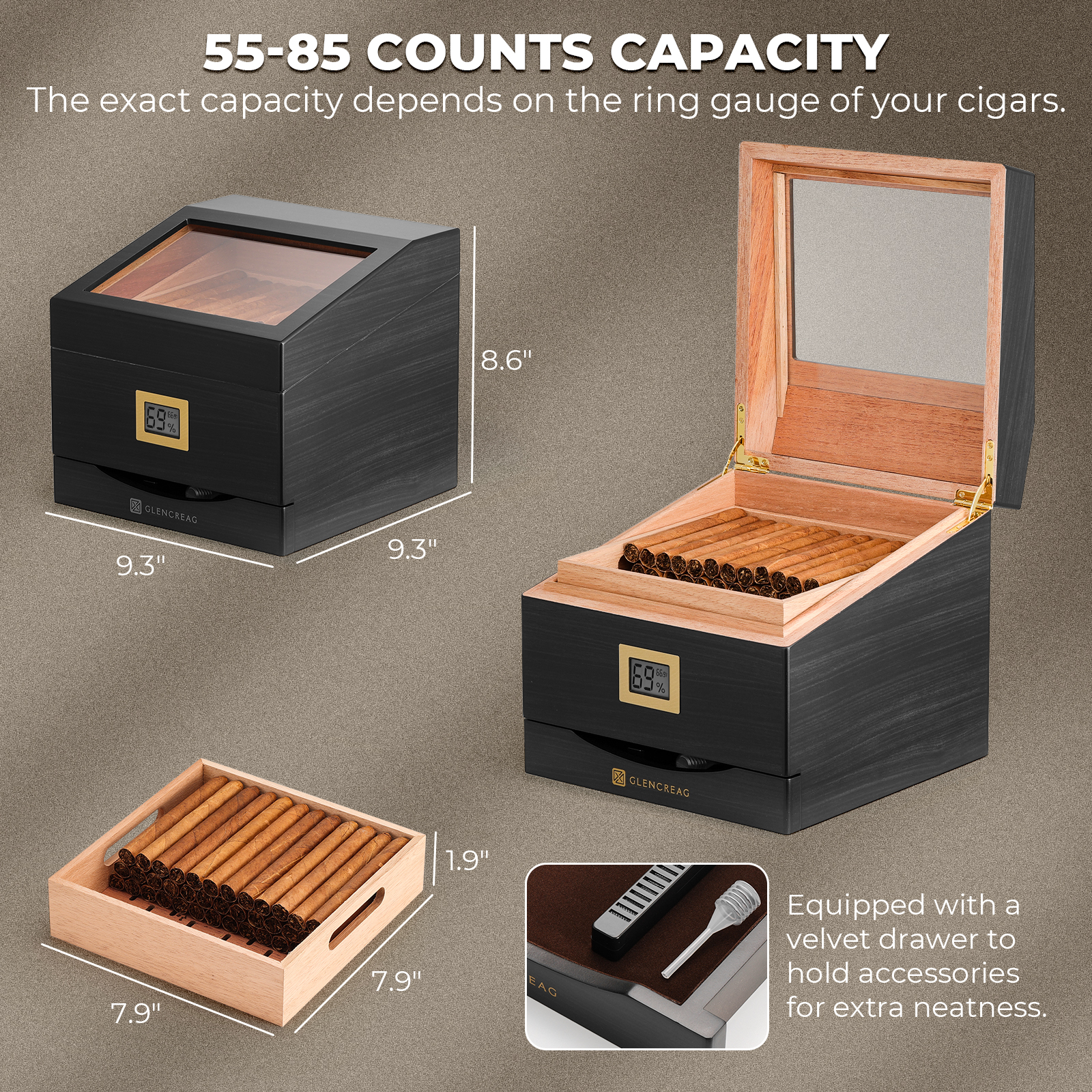 GLENCREAG FT-2042 Cigar Humidor Box for 55 to 85 Counts, See-Through Design with Spanish Cedar Lining & Divider, Digital Hygrometer, Accessory Drawer & Humidifier, Gift for Cigar Lovers (Ebony)