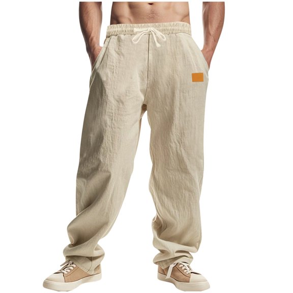 Bosfbaoi Mens Cotton Linen Pants Elastic Waist Casual Pants Lightweight Loose Fit Soft Slacks Solid Color Summer Beach Trousers With Pockets