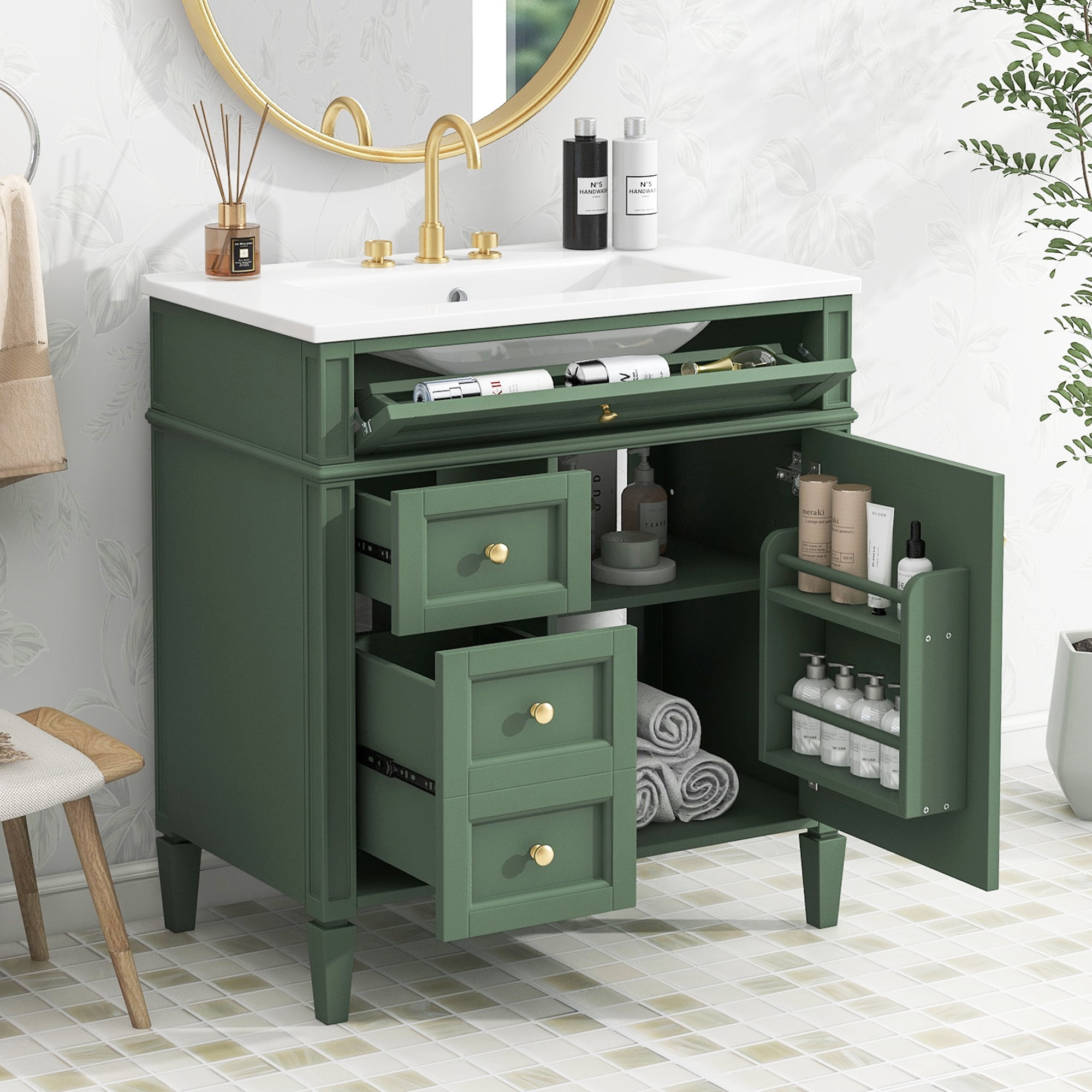 Euroco 30” Bathroom Vanity with Sink, Modern Freestanding Bathroom Cabinet with Tip-Out Drawer, Soft-Close Doors & Shelves, Hidden Storage Organizer