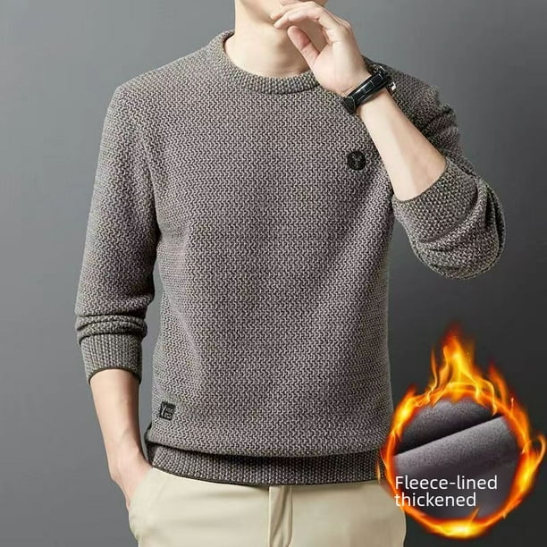 Suéter de invierno con forro polar para hombre, cuello redondo, suéter de punto de moda informal, parte inferior engrosada para hombre
