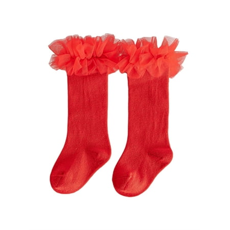 

AMILIEe Children Solid Color Tube Girls Anti-slip Warm Calf Sock with Mesh Ruffles
