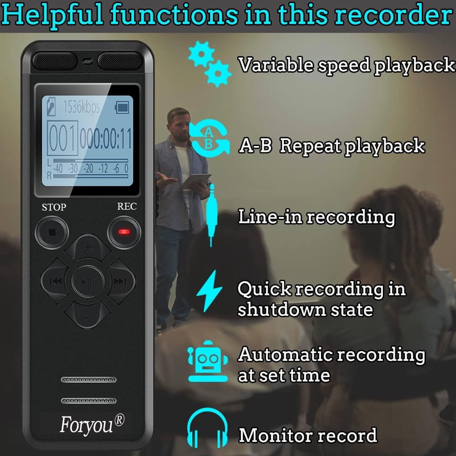 72GB Digital Voice Recorder Voice Activated Recorder for Lectures Meetings,5220 Hours Sound Audio Recorder Dictaphone Recording Device with Playback,MP3 Player,Password,Variable Speed