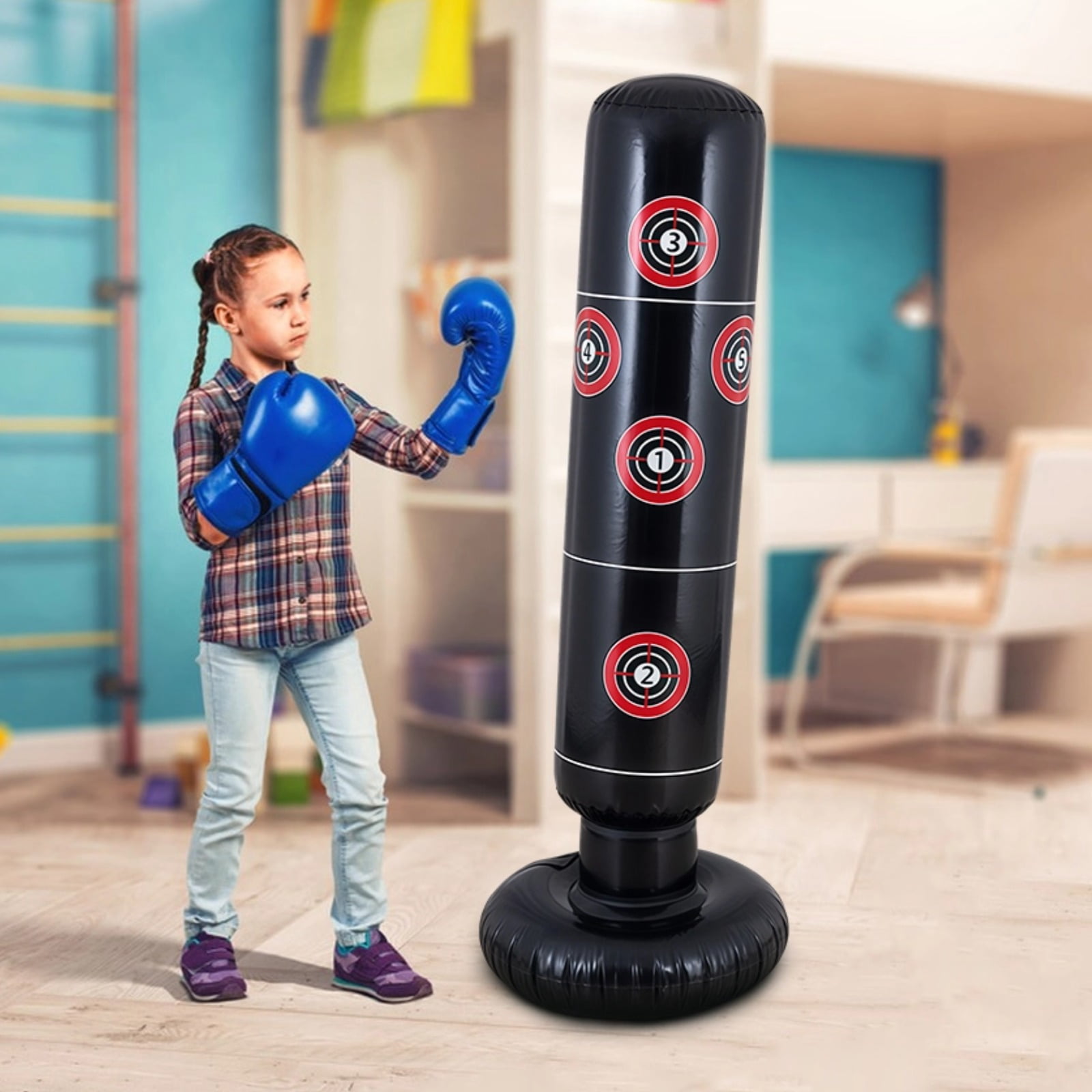 Inflatable Punching Bag Adjustable Height,Target Column,Thickened PVC, Includes Foot Pump,Stable Ideal for Kickboxing and Karate Training,Black