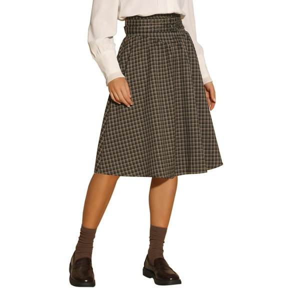INSPIRE CHIC Plaid Skirts for Women's Vintage High Waist Double Belted A-Line Midi Skirt Brown XS