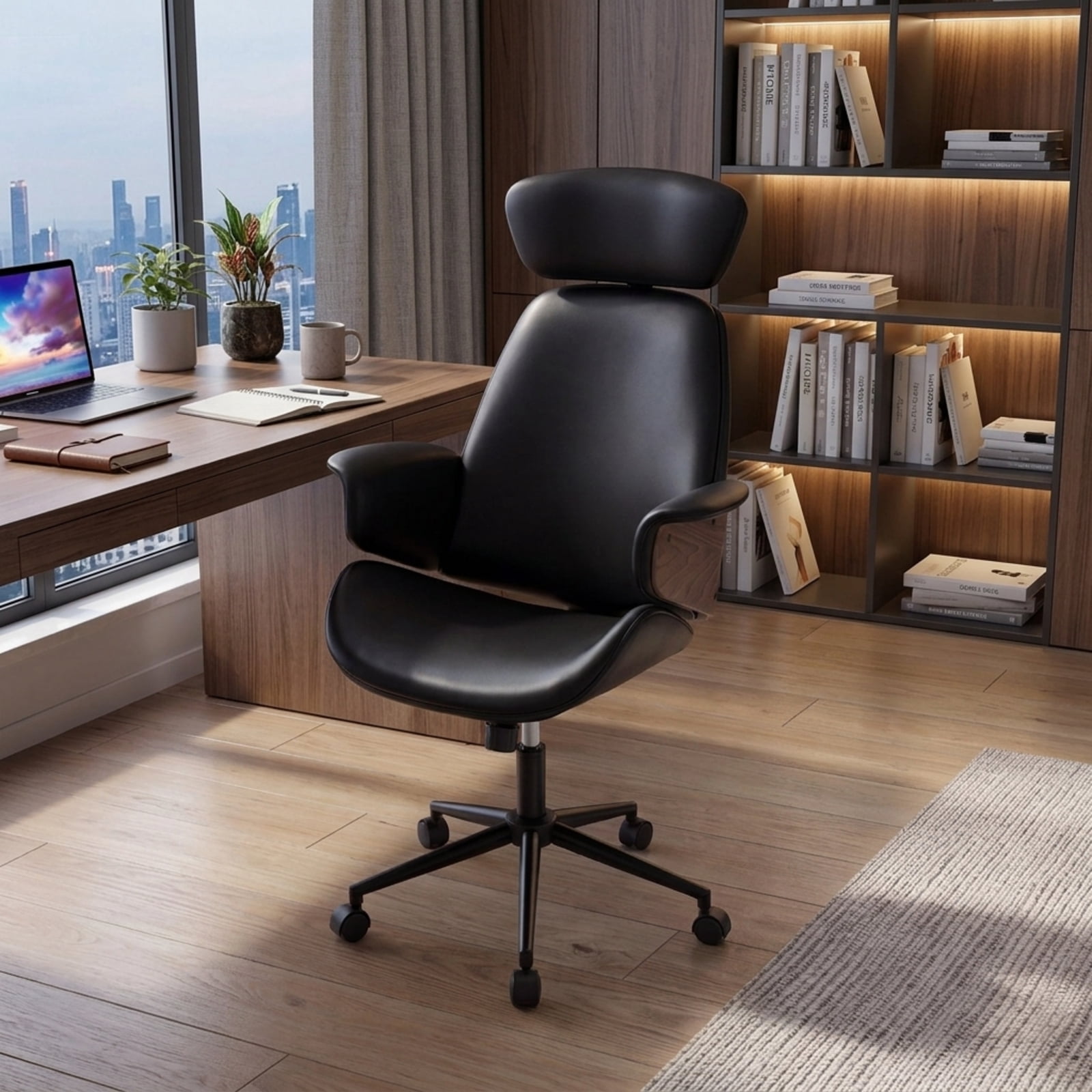 Furnibear Ergonomic Office Chair High Back Faux Leather Computer Chair with Adjustable Headrest Rocking Backrest and Curved Arms, Black