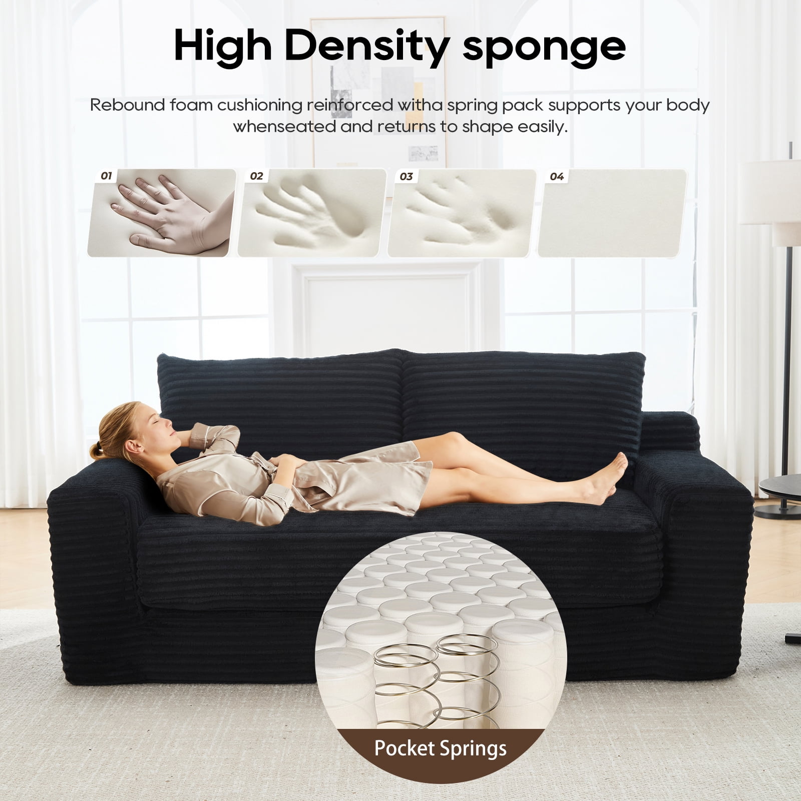GNIXUU 70.8" Loveseat Sofa Bed Boneless Couch ,Corduroy Cloud 2 in 1 Convertible Sleeper Sofas with Fixed-Shape Frame, Comfy Deep Seat Folding Couches for Living Room, Apartment,Office,Black