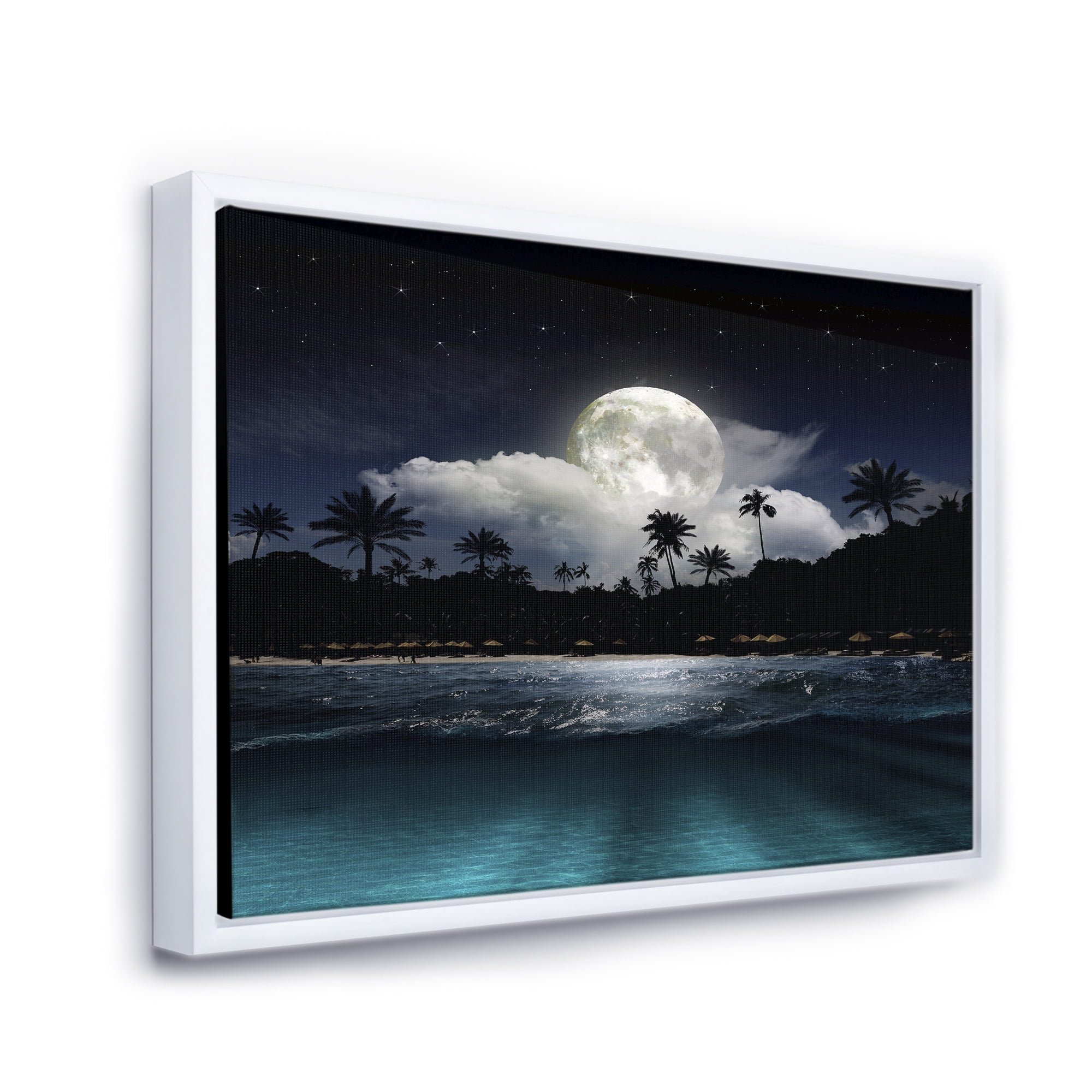 Designart 'Green Beach Under Tropical Full Moon' Modern Framed Canvas Wall Art Print